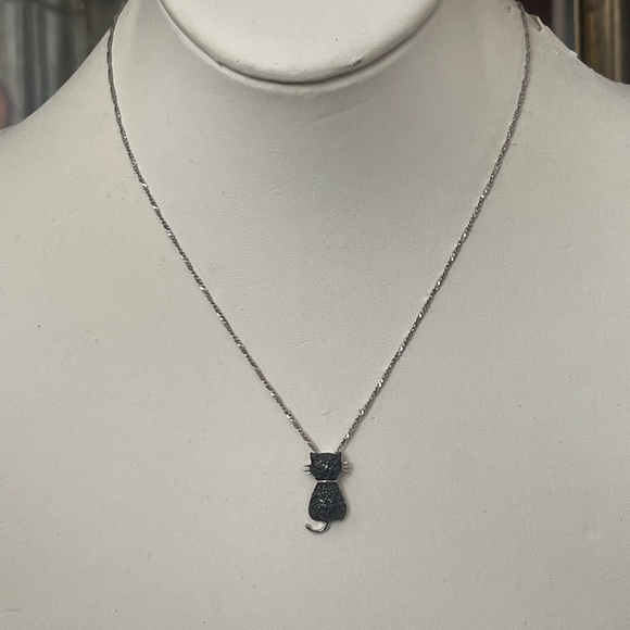 Black diamond solid sterling silver cat pendant & chain - Picture 2 of 8